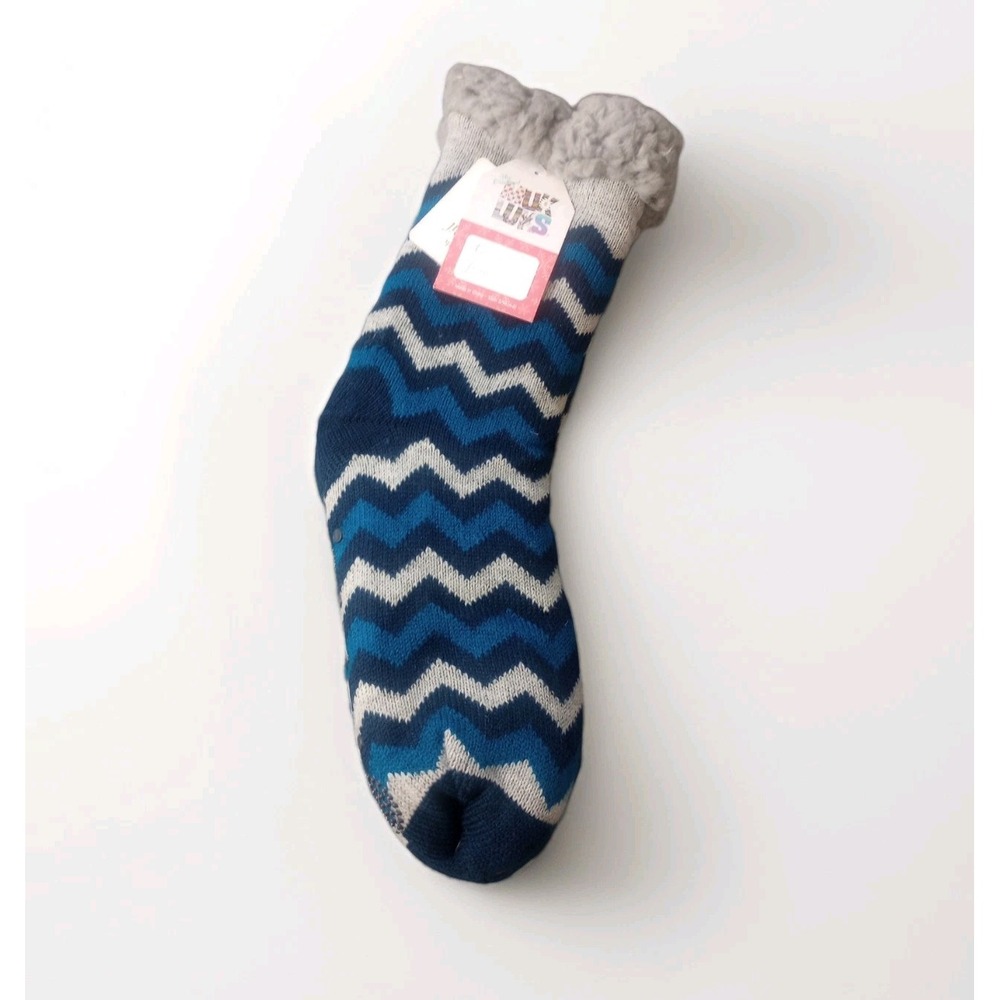 Muk Luks Cozy Socks Jojoba Oil Infused Blue Chevron Fuzzy Cuff, Size S/M 6 - 8
